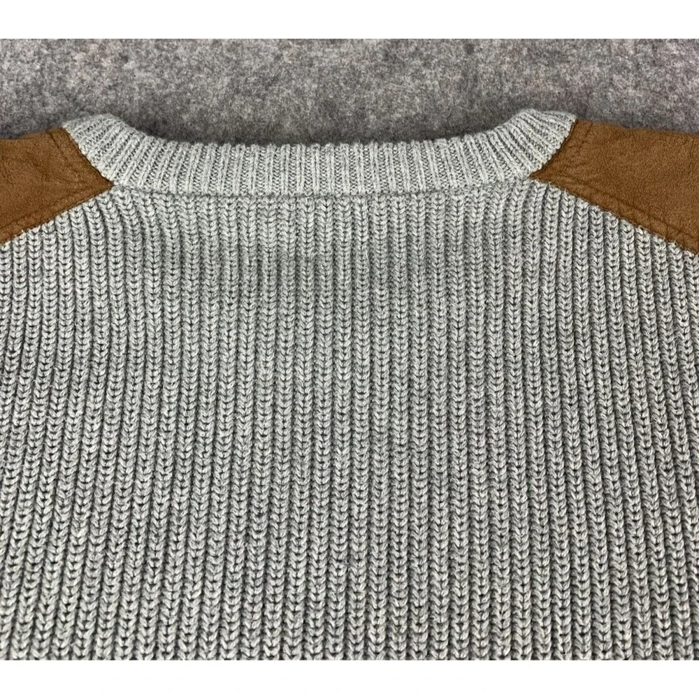 J Crew Chunky Ribbed Knit Crewneck Sweater Gray Mens Large Suede Patch Woodsman